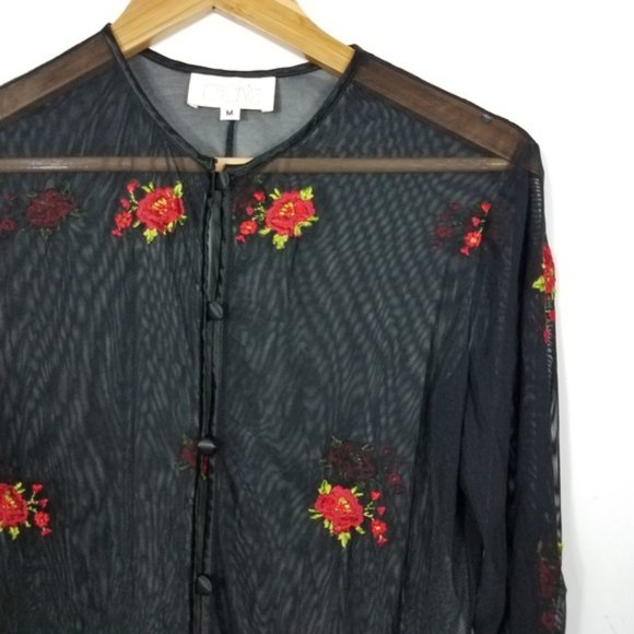 Cache Black Floral Mesh Button Front Top Medium - Picture 2 of 8